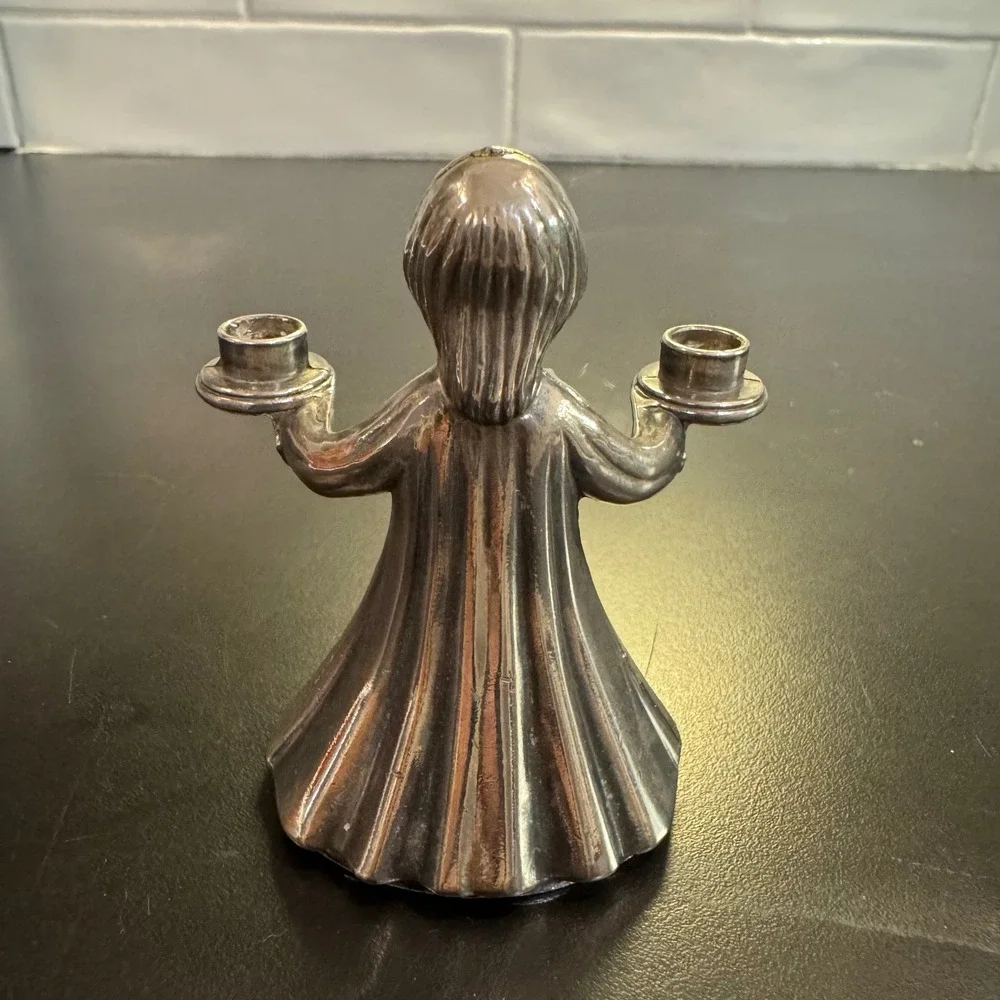 Italy Angel Candle Holder Small Silver Tone Vintage Double Taper Figurine